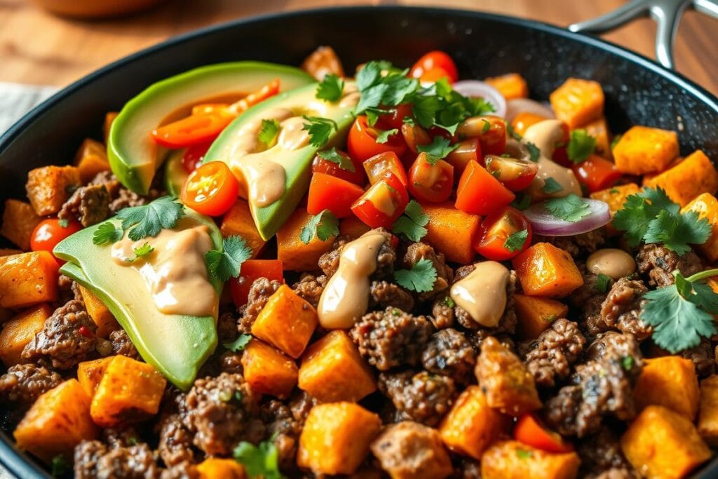 A vibrant and appetizing protein and vegetable skillet composition. In the foreground, sizzling ground beef and diced sweet potatoes, topped with a variety of fresh, colorful veggies like bell peppers, onions, and cherry tomatoes. The middle ground showcases neatly arranged slices of avocado, sprigs of cilantro, and a generous drizzle of a creamy, spicy sauce. The background hints at a rustic, wooden kitchen counter, with warm, natural lighting casting gentle shadows and highlighting the textures of the ingredients. The overall scene evokes a sense of wholesome, homemade Southwest cuisine, inviting the viewer to explore the diverse flavors and textures of this customizable, one-pan meal. A vibrant and appetizing protein and vegetable skillet composition. In the foreground, sizzling ground beef and diced sweet potatoes, topped with a variety of fresh, colorful veggies like bell peppers, onions, and cherry tomatoes. The middle ground showcases neatly arranged slices of avocado, sprigs of cilantro, and a generous drizzle of a creamy, spicy sauce. The background hints at a rustic, wooden kitchen counter, with warm, natural lighting casting gentle shadows and highlighting the textures of the ingredients. The overall scene evokes a sense of wholesome, homemade Southwest cuisine, inviting the viewer to explore the diverse flavors and textures of this customizable, one-pan meal.