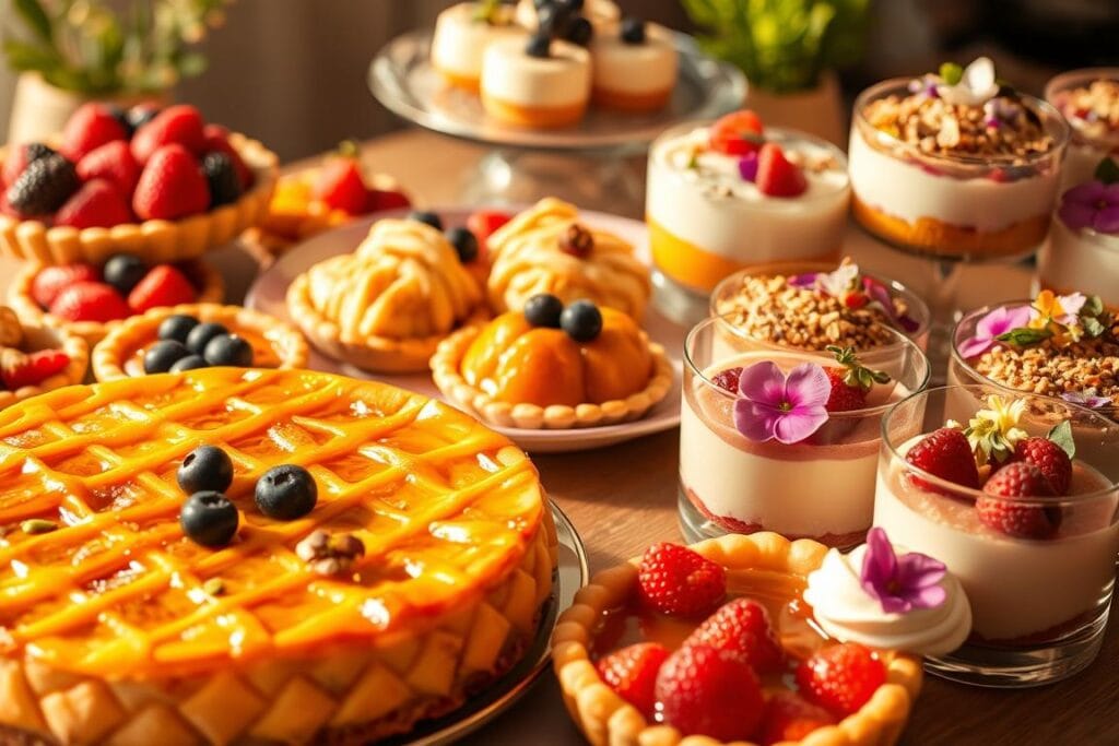 A vibrant array of Mediterranean desserts,captured in a warm, golden-hued light. In the foreground, a decadent honey baklava cheesecake, its flaky phyllo pastry and rich, creamy filling glistening. Surrounding it, an assortment of seasonal fruit tarts, each with a delicate lattice crust and a burst of juicy, ripe berries. In the middle ground, a platter of fragrant, syrup-soaked loukoumades, their fluffy dough drizzled with honey and sprinkled with cinnamon. In the background, a selection of colorful, layered parfaits featuring rosewater-infused custards, crushed pistachios, and delicate edible flowers. The overall atmosphere is one of abundance, warmth, and the vibrant flavors of the Mediterranean. A vibrant array of Mediterranean desserts,captured in a warm, golden-hued light. In the foreground, a decadent honey baklava cheesecake, its flaky phyllo pastry and rich, creamy filling glistening. Surrounding it, an assortment of seasonal fruit tarts, each with a delicate lattice crust and a burst of juicy, ripe berries. In the middle ground, a platter of fragrant, syrup-soaked loukoumades, their fluffy dough drizzled with honey and sprinkled with cinnamon. In the background, a selection of colorful, layered parfaits featuring rosewater-infused custards, crushed pistachios, and delicate edible flowers. The overall atmosphere is one of abundance, warmth, and the vibrant flavors of the Mediterranean.