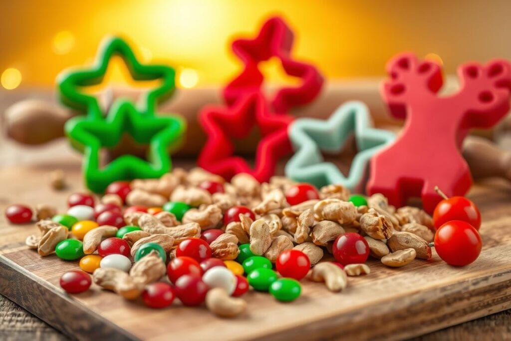 A vibrant, close-up image of the essential ingredients and tools for creating the classic Cracker Jack Reindeer treat. In the foreground, a wooden cutting board is scattered with colorful Cracker Jack candies, roasted peanuts, and bright red maraschino cherries. In the middle ground, festive red and green holiday-themed cookie cutters and a rolling pin are arranged neatly. The background features a warm, golden-toned lighting, casting a cozy, inviting glow over the scene. The overall composition evokes a sense of holiday cheer and the nostalgic flavors of this beloved seasonal snack. A vibrant, close-up image of the essential ingredients and tools for creating the classic Cracker Jack Reindeer treat. In the foreground, a wooden cutting board is scattered with colorful Cracker Jack candies, roasted peanuts, and bright red maraschino cherries. In the middle ground, festive red and green holiday-themed cookie cutters and a rolling pin are arranged neatly. The background features a warm, golden-toned lighting, casting a cozy, inviting glow over the scene. The overall composition evokes a sense of holiday cheer and the nostalgic flavors of this beloved seasonal snack.