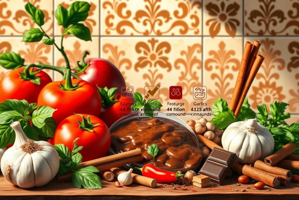 A vibrant, detailed illustration showcasing the health benefits of the key ingredients used in traditional Mexican mole sauce. In the foreground, a composition of fresh vegetables, herbs, and spices - such as tomatoes, onions, garlic, chili peppers, cinnamon, and chocolate - arranged in an artful, appetizing display. In the middle ground, a series of icons or infographic elements highlighting the nutritional value, antioxidant properties, and health-promoting compounds found in each ingredient. The background features an elegant, rustic Mexican tile or textile pattern, setting an authentic, regional atmosphere. The lighting is warm and natural, casting soft shadows and enhancing the rich colors of the scene. The overall mood is informative yet visually appealing, inviting the viewer to explore the healthful virtues of this classic Mexican culinary staple. A vibrant, detailed illustration showcasing the health benefits of the key ingredients used in traditional Mexican mole sauce. In the foreground, a composition of fresh vegetables, herbs, and spices - such as tomatoes, onions, garlic, chili peppers, cinnamon, and chocolate - arranged in an artful, appetizing display. In the middle ground, a series of icons or infographic elements highlighting the nutritional value, antioxidant properties, and health-promoting compounds found in each ingredient. The background features an elegant, rustic Mexican tile or textile pattern, setting an authentic, regional atmosphere. The lighting is warm and natural, casting soft shadows and enhancing the rich colors of the scene. The overall mood is informative yet visually appealing, inviting the viewer to explore the healthful virtues of this classic Mexican culinary staple.