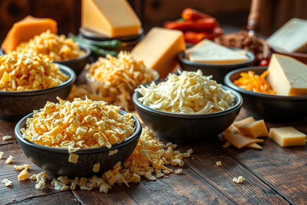 A vibrant display of assorted Tex Mex cheese varieties arranged on a rustic wooden table, bathed in warm, natural light. In the foreground, freshly grated cheddar, crumbled queso fresco, and shredded Monterey Jack spill out from their bowls, ready to be sprinkled on top of sizzling beef enchiladas. The middle ground showcases wedges of tangy pepper jack and creamy oaxaca, complementing the earthy tones of the table surface. In the background, a subtle hint of roasted chiles and spices sets the scene, evoking the flavors of an authentic Tex Mex kitchen. The overall composition exudes a mouthwatering, inviting atmosphere, perfect for illustrating the "Cheese Selection and Combinations" section of the article. A vibrant display of assorted Tex Mex cheese varieties arranged on a rustic wooden table, bathed in warm, natural light. In the foreground, freshly grated cheddar, crumbled queso fresco, and shredded Monterey Jack spill out from their bowls, ready to be sprinkled on top of sizzling beef enchiladas. The middle ground showcases wedges of tangy pepper jack and creamy oaxaca, complementing the earthy tones of the table surface. In the background, a subtle hint of roasted chiles and spices sets the scene, evoking the flavors of an authentic Tex Mex kitchen. The overall composition exudes a mouthwatering, inviting atmosphere, perfect for illustrating the "Cheese Selection and Combinations" section of the article.