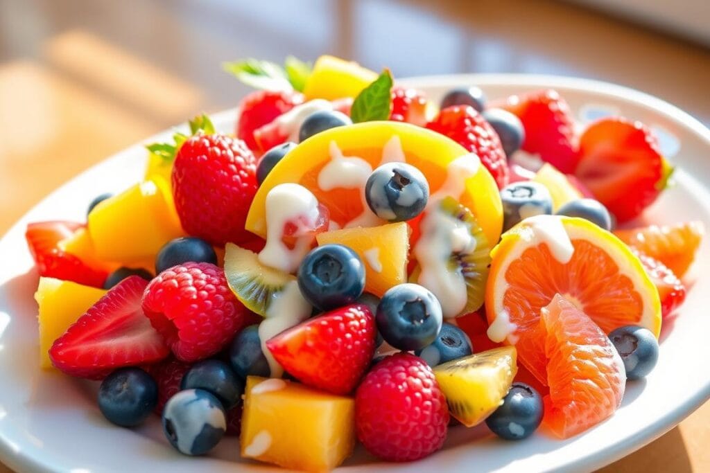 A vibrant, mouth-watering fruit salad sits atop a white ceramic serving dish, bathed in warm, natural light. Juicy berries - plump raspberries, blueberries, and strawberries - are arranged artfully, their colors bursting with vitality. Slices of ripe, luscious mango and kiwi add a tropical flair, while segments of citrus fruits like orange and grapefruit provide a refreshing contrast. The salad is dressed in a light, creamy dressing that glistens, highlighting the fresh, summery flavors. The composition is balanced, with the fruit arranged in an inviting, casual manner, as if casually scattered on the plate. This delectable dessert salad is the perfect accompaniment to the Berry Cheesecake Salad, offering a vibrant and refreshing counterpoint to the rich, indulgent cheesecake.