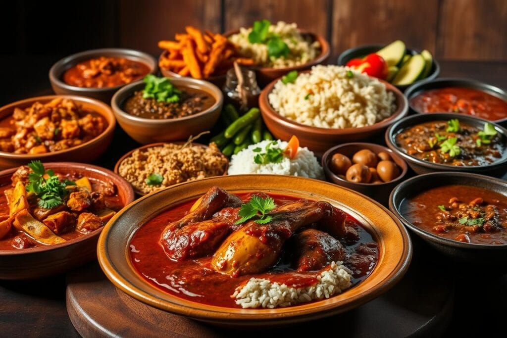 A vibrant, multi-layered display of mouthwatering chicken mole recipes. In the foreground, a central dish showcases the rich, complex sauce, with tender chicken pieces nestled within. Surrounding it, an arrangement of varied mole interpretations - from the classic red mole to a brighter, green version, each with its own unique blend of chili peppers, spices, and aromatics. The middle ground features various side dishes and garnishes, like fluffy rice, roasted vegetables, and fresh herbs, complementing the star of the show. In the background, a warm, earthy tone evokes the flavors of traditional Mexican cuisine, with hints of terracotta, copper, and natural wood tones. Dramatic lighting casts dramatic shadows, highlighting the depth and dimension of the dishes. An inviting, visually captivating scene that celebrates the diversity of the beloved chicken mole recipe. A vibrant, multi-layered display of mouthwatering chicken mole recipes. In the foreground, a central dish showcases the rich, complex sauce, with tender chicken pieces nestled within. Surrounding it, an arrangement of varied mole interpretations - from the classic red mole to a brighter, green version, each with its own unique blend of chili peppers, spices, and aromatics. The middle ground features various side dishes and garnishes, like fluffy rice, roasted vegetables, and fresh herbs, complementing the star of the show. In the background, a warm, earthy tone evokes the flavors of traditional Mexican cuisine, with hints of terracotta, copper, and natural wood tones. Dramatic lighting casts dramatic shadows, highlighting the depth and dimension of the dishes. An inviting, visually captivating scene that celebrates the diversity of the beloved chicken mole recipe.