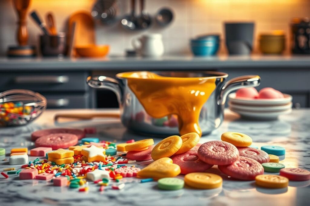 A vibrant still life scene showcasing an array of baking decorations with melting wafers. In the foreground, a selection of fondant shapes, sprinkles, and colorful wafer discs are arranged artfully on a marble surface. The middle ground features a saucepan filled with gooey, liquefied wafers, casting a warm, glossy sheen. In the background, a kitchen counter with baking tools, whisk, and mixing bowls set the stage. Warm, directional lighting from the side highlights the delicate textures and glossy surfaces, creating a mouthwatering, inviting atmosphere. The image exudes a sense of creativity and playfulness, perfect for illustrating the "Creative Applications and Decorative Uses" section of the article. A vibrant still life scene showcasing an array of baking decorations with melting wafers. In the foreground, a selection of fondant shapes, sprinkles, and colorful wafer discs are arranged artfully on a marble surface. The middle ground features a saucepan filled with gooey, liquefied wafers, casting a warm, glossy sheen. In the background, a kitchen counter with baking tools, whisk, and mixing bowls set the stage. Warm, directional lighting from the side highlights the delicate textures and glossy surfaces, creating a mouthwatering, inviting atmosphere. The image exudes a sense of creativity and playfulness, perfect for illustrating the "Creative Applications and Decorative Uses" section of the article.