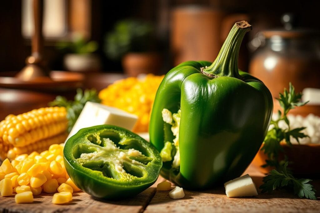 A vibrant still life showcasing the nutritional benefits of the poblano pepper. In the foreground, a carefully sliced poblano reveals its verdant flesh, brimming with vitamins A and C, and ample amounts of antioxidants. The middle ground features an array of complementary ingredients - golden kernels of corn, creamy white cheese, and aromatic herbs. The background depicts a rustic kitchen setting, bathed in warm, directional lighting that casts dramatic shadows, highlighting the pepper's subtle sheen. The overall composition conveys the versatility and healthful properties of this humble, yet flavorful, Mexican staple. A vibrant still life showcasing the nutritional benefits of the poblano pepper. In the foreground, a carefully sliced poblano reveals its verdant flesh, brimming with vitamins A and C, and ample amounts of antioxidants. The middle ground features an array of complementary ingredients - golden kernels of corn, creamy white cheese, and aromatic herbs. The background depicts a rustic kitchen setting, bathed in warm, directional lighting that casts dramatic shadows, highlighting the pepper's subtle sheen. The overall composition conveys the versatility and healthful properties of this humble, yet flavorful, Mexican staple.