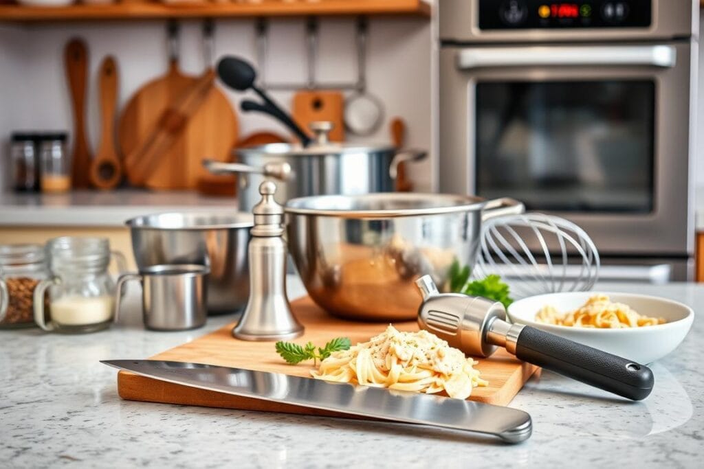 A vibrant, well-lit kitchen counter showcases an array of essential tools for preparing a delectable Chicken Alfredo dish. In the foreground, a gleaming chef's knife, a wooden cutting board, and a sturdy garlic press stand ready. Behind them, a stainless-steel mixing bowl, a set of measuring cups, and a whisk, all poised to blend the creamy sauce. In the middle ground, a large sauté pan and a heavy-duty stock pot hint at the simmering of chicken and the simmering of the sauce. The background features a sleek, modern oven and a selection of spices, herbs, and other seasonings, creating an atmosphere of culinary mastery and anticipation. A vibrant, well-lit kitchen counter showcases an array of essential tools for preparing a delectable Chicken Alfredo dish. In the foreground, a gleaming chef's knife, a wooden cutting board, and a sturdy garlic press stand ready. Behind them, a stainless-steel mixing bowl, a set of measuring cups, and a whisk, all poised to blend the creamy sauce. In the middle ground, a large sauté pan and a heavy-duty stock pot hint at the simmering of chicken and the simmering of the sauce. The background features a sleek, modern oven and a selection of spices, herbs, and other seasonings, creating an atmosphere of culinary mastery and anticipation.