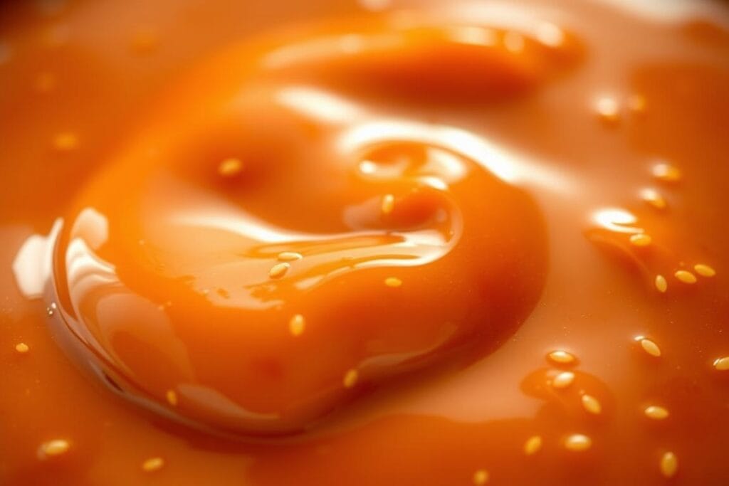 A viscous, glossy, and glistening sesame chicken sauce pools in the center of the frame. The sauce has a thick, velvety texture, with a smooth, silky sheen that catches the warm, diffused lighting from above. Subtle highlights and shadows accentuate the sauce's luscious, almost gelatinous consistency, inviting the viewer to imagine its rich, savory flavor. The background is blurred, keeping the focus solely on the captivating texture and appearance of the sauce, which serves as the visual centerpiece. The lighting is soft and flattering, creating a mouthwatering, appetizing atmosphere. A viscous, glossy, and glistening sesame chicken sauce pools in the center of the frame. The sauce has a thick, velvety texture, with a smooth, silky sheen that catches the warm, diffused lighting from above. Subtle highlights and shadows accentuate the sauce's luscious, almost gelatinous consistency, inviting the viewer to imagine its rich, savory flavor. The background is blurred, keeping the focus solely on the captivating texture and appearance of the sauce, which serves as the visual centerpiece. The lighting is soft and flattering, creating a mouthwatering, appetizing atmosphere.