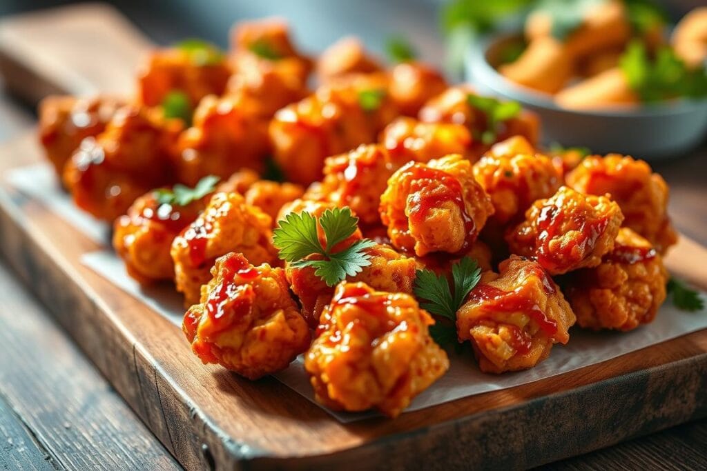 A visually appealing arrangement of bite-sized honey BBQ popcorn chicken, garnished with fresh parsley sprigs and served on a rustic wooden board. The golden-brown chicken pieces glisten with a sticky-sweet glaze, set against a backdrop of shallow depth of field to draw the eye to the main subject. Soft, natural lighting from the side casts warm, inviting shadows and highlights the succulent texture of the poultry. The overall scene exudes an atmosphere of casual elegance, perfectly suited for an appetizer or side dish presentation. A visually appealing arrangement of bite-sized honey BBQ popcorn chicken, garnished with fresh parsley sprigs and served on a rustic wooden board. The golden-brown chicken pieces glisten with a sticky-sweet glaze, set against a backdrop of shallow depth of field to draw the eye to the main subject. Soft, natural lighting from the side casts warm, inviting shadows and highlights the succulent texture of the poultry. The overall scene exudes an atmosphere of casual elegance, perfectly suited for an appetizer or side dish presentation.