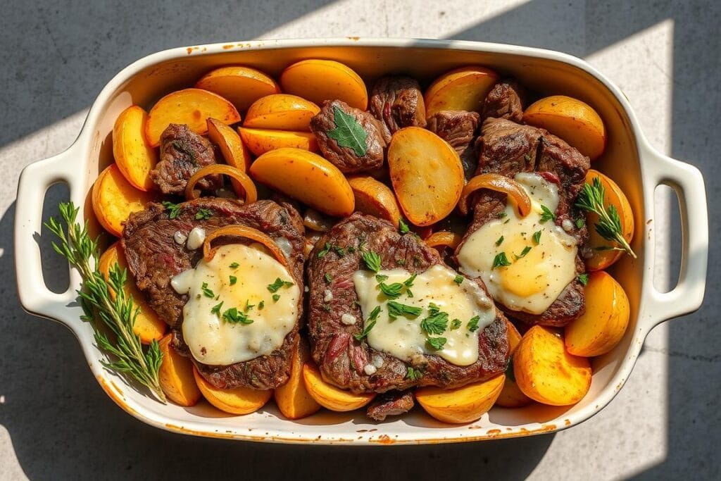 A visually appetizing arrangement of succulent steak and tender potato slices, arranged artfully in a baking dish. Contrasting textures and flavors, with golden-brown potato wedges, caramelized onions, melted cheese, and fresh herbs decorating the juicy steak pieces. Natural lighting casts warm shadows, highlighting the dish's inviting appearance. A neutral background allows the vibrant colors and mouthwatering details to take center stage, inviting the viewer to imagine the delectable taste. An enticing scene that captures the essence of delightful steak and potato bake variations. A visually appetizing arrangement of succulent steak and tender potato slices, arranged artfully in a baking dish. Contrasting textures and flavors, with golden-brown potato wedges, caramelized onions, melted cheese, and fresh herbs decorating the juicy steak pieces. Natural lighting casts warm shadows, highlighting the dish's inviting appearance. A neutral background allows the vibrant colors and mouthwatering details to take center stage, inviting the viewer to imagine the delectable taste. An enticing scene that captures the essence of delightful steak and potato bake variations.