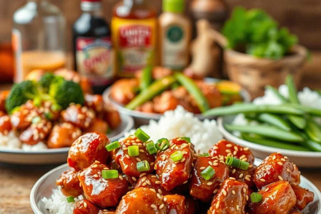 A visually captivating spread of sesame chicken variations, photographed with a high-quality DSLR camera using natural lighting and a shallow depth of field. In the foreground, a succulent chicken dish coated in a glossy, caramelized sesame glaze, garnished with fresh green onions and toasted sesame seeds. In the middle ground, an array of accompaniments including steamed broccoli, stir-fried snap peas, and fluffy white rice. Subtly blurred in the background, a selection of condiments and spices - soy sauce, rice vinegar, ginger, and chili flakes - hinting at the bold flavors that can be explored in these recipe variations. The overall scene exudes a warm, inviting atmosphere, capturing the enticing diversity of this beloved dish. A visually captivating spread of sesame chicken variations, photographed with a high-quality DSLR camera using natural lighting and a shallow depth of field. In the foreground, a succulent chicken dish coated in a glossy, caramelized sesame glaze, garnished with fresh green onions and toasted sesame seeds. In the middle ground, an array of accompaniments including steamed broccoli, stir-fried snap peas, and fluffy white rice. Subtly blurred in the background, a selection of condiments and spices - soy sauce, rice vinegar, ginger, and chili flakes - hinting at the bold flavors that can be explored in these recipe variations. The overall scene exudes a warm, inviting atmosphere, capturing the enticing diversity of this beloved dish.