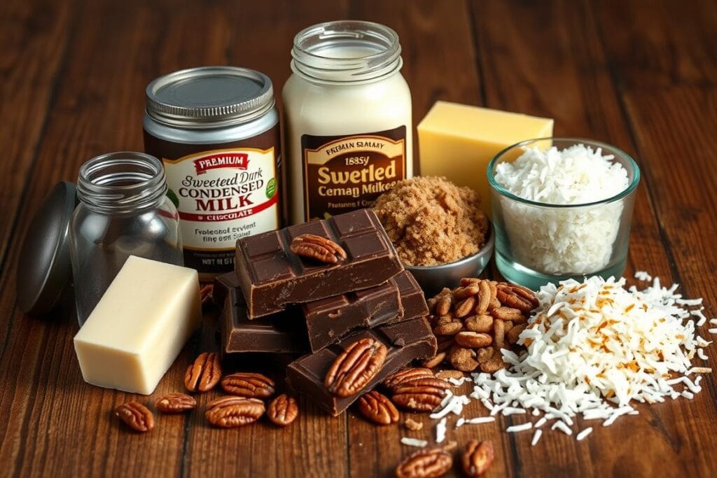 A visually striking still life arrangement showcasing the essential ingredients for rich and creamy German chocolate fudge. Laid out on a wooden surface with soft, even lighting, the image features a selection of premium dark chocolate, sweetened condensed milk, butter, brown sugar, pecans, and shredded coconut. Each ingredient is carefully positioned to create an elegant, appetizing composition that draws the viewer's attention to the decadent components that come together to make this indulgent homemade treat. The overall mood is one of rustic sophistication, capturing the luxurious nature of the fudge in an inviting, high-quality manner.