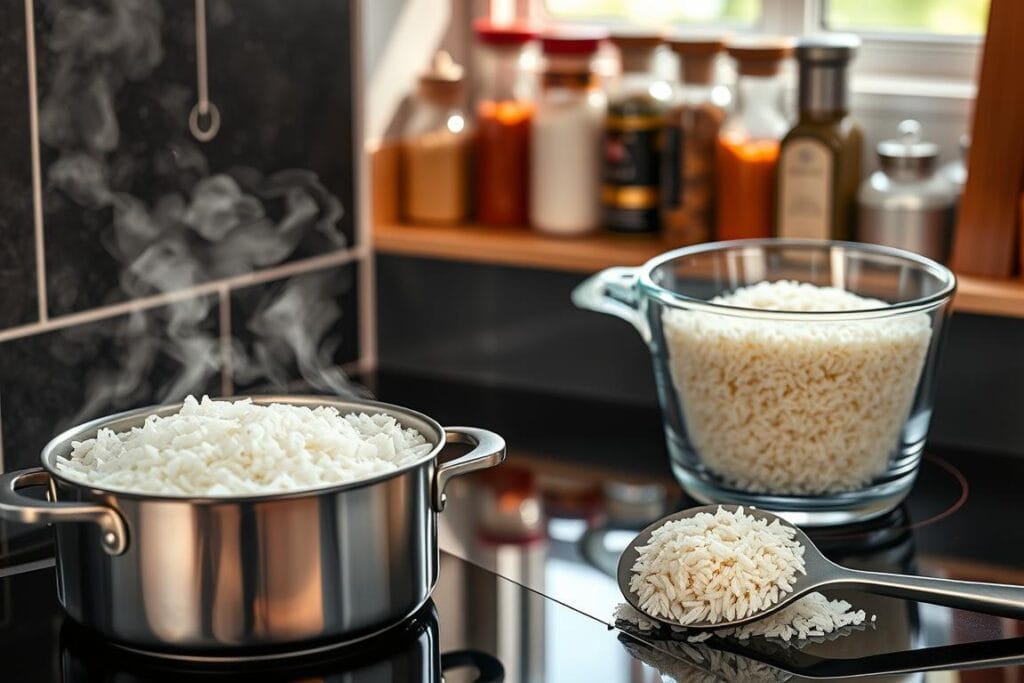A visually stunning image showcasing the perfect rice cooking method. In the foreground, a steaming pot of long-grain white rice simmers gently on a sleek induction stovetop, its surface glistening with moisture. The middle ground reveals a glass measuring cup filled with fragrant jasmine rice, accompanied by a stainless steel rice paddle resting beside it. In the background, a neatly organized spice rack displays a variety of seasonings, hinting at the flavorful possibilities. Soft, natural lighting from an unseen window bathes the scene in a warm, welcoming glow, highlighting the texture and color of the ingredients. The overall atmosphere conveys a sense of culinary expertise and attention to detail, perfectly capturing the essence of the "Perfect Rice Cooking Method." A visually stunning image showcasing the perfect rice cooking method. In the foreground, a steaming pot of long-grain white rice simmers gently on a sleek induction stovetop, its surface glistening with moisture. The middle ground reveals a glass measuring cup filled with fragrant jasmine rice, accompanied by a stainless steel rice paddle resting beside it. In the background, a neatly organized spice rack displays a variety of seasonings, hinting at the flavorful possibilities. Soft, natural lighting from an unseen window bathes the scene in a warm, welcoming glow, highlighting the texture and color of the ingredients. The overall atmosphere conveys a sense of culinary expertise and attention to detail, perfectly capturing the essence of the "Perfect Rice Cooking Method."