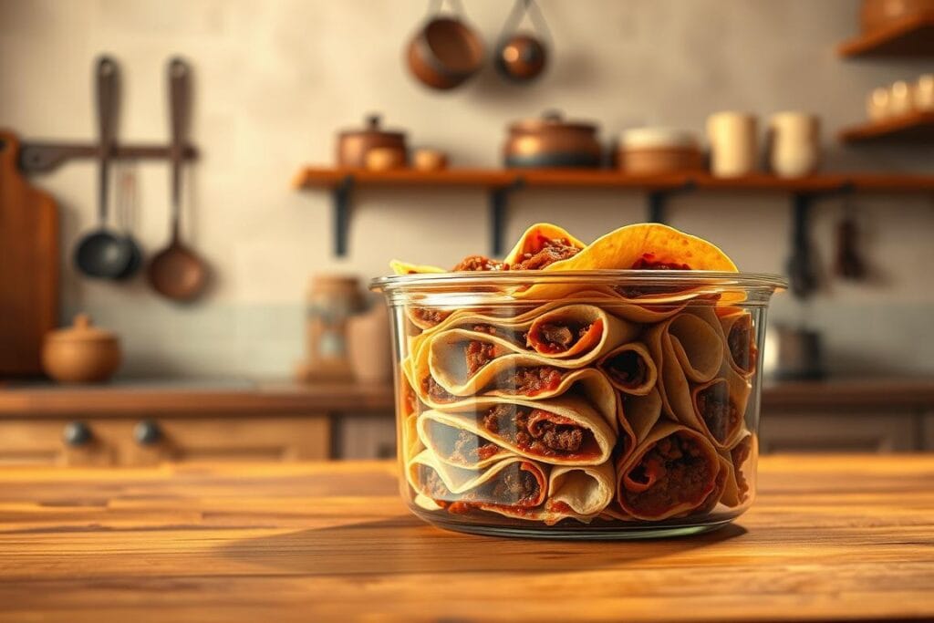 A warm, inviting kitchen scene showcasing well-organized Tex Mex beef enchiladas. In the foreground, a glass storage container with tight-fitting lid stands atop a wooden table, filled with freshly made enchiladas. Soft lighting casts a golden glow, highlighting the rich, saucy filling and tender tortillas. Behind, a background of pale adobe walls and rustic kitchen shelving, with hanging pots and utensils. The mood is cozy and homey, evoking the comforting flavors of authentic Tex Mex cuisine. Camera angle is slightly elevated, creating a sense of depth and emphasizing the careful arrangement of the enchiladas. Highly detailed, photorealistic rendering with a subtle vintage aesthetic. A warm, inviting kitchen scene showcasing well-organized Tex Mex beef enchiladas. In the foreground, a glass storage container with tight-fitting lid stands atop a wooden table, filled with freshly made enchiladas. Soft lighting casts a golden glow, highlighting the rich, saucy filling and tender tortillas. Behind, a background of pale adobe walls and rustic kitchen shelving, with hanging pots and utensils. The mood is cozy and homey, evoking the comforting flavors of authentic Tex Mex cuisine. Camera angle is slightly elevated, creating a sense of depth and emphasizing the careful arrangement of the enchiladas. Highly detailed, photorealistic rendering with a subtle vintage aesthetic.