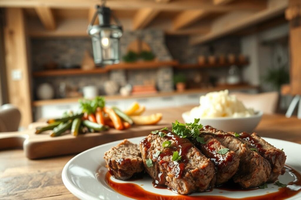 A warm, inviting kitchen scene with a plated meatloaf dish in the foreground, garnished with fresh herbs and a drizzle of balsamic glaze. In the middle ground, a wooden serving board displays roasted vegetables and a side of mashed potatoes, arranged with care. The background features a rustic, farmhouse-inspired setting with exposed beams, a vintage pendant light, and a cozy, inviting atmosphere. The lighting is soft and natural, creating a comforting, homey vibe. The camera angle is slightly elevated, capturing the dish in an appetizing, top-down perspective. The overall mood is one of hearty, nourishing comfort food that elevates the dining experience. A warm, inviting kitchen scene with a plated meatloaf dish in the foreground, garnished with fresh herbs and a drizzle of balsamic glaze. In the middle ground, a wooden serving board displays roasted vegetables and a side of mashed potatoes, arranged with care. The background features a rustic, farmhouse-inspired setting with exposed beams, a vintage pendant light, and a cozy, inviting atmosphere. The lighting is soft and natural, creating a comforting, homey vibe. The camera angle is slightly elevated, capturing the dish in an appetizing, top-down perspective. The overall mood is one of hearty, nourishing comfort food that elevates the dining experience.
