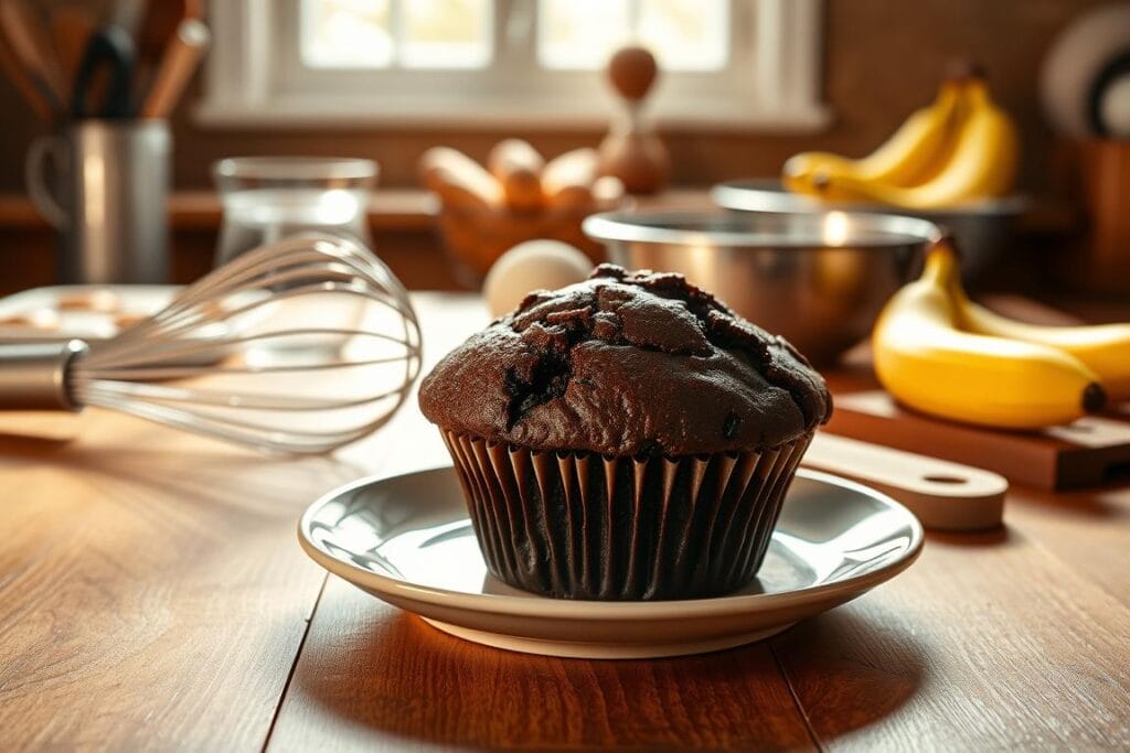 A warm, inviting kitchen setting with a wooden countertop in the foreground. In the center, a plate showcases a perfectly baked muffin, its dark chocolate and banana-infused crumb glistening under soft, directional lighting. Surrounding the muffin, a collection of baking tools and ingredients, such as a whisk, mixing bowl, and ripe bananas, create a sense of the process. In the background, a window allows natural light to flood the space, casting a gentle glow and emphasizing the care and attention to detail in the muffin's preparation. The overall mood is one of artisanal craftsmanship and the pride of a skilled baker. A warm, inviting kitchen setting with a wooden countertop in the foreground. In the center, a plate showcases a perfectly baked muffin, its dark chocolate and banana-infused crumb glistening under soft, directional lighting. Surrounding the muffin, a collection of baking tools and ingredients, such as a whisk, mixing bowl, and ripe bananas, create a sense of the process. In the background, a window allows natural light to flood the space, casting a gentle glow and emphasizing the care and attention to detail in the muffin's preparation. The overall mood is one of artisanal craftsmanship and the pride of a skilled baker.