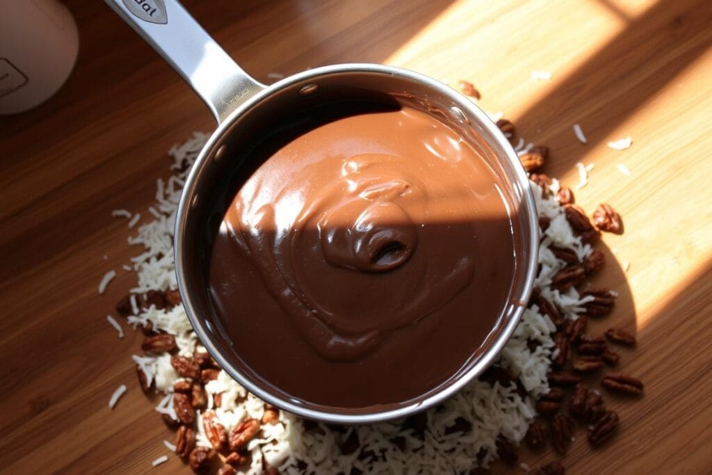 A warm, well-lit kitchen countertop with a wooden surface. On it, a saucepan filled with glistening, thick German chocolate fudge topping. Surrounding the pan, a pile of freshly toasted coconut flakes and chopped pecans. The topping gently bubbles, its rich, velvety texture inviting. Soft shadows cast by the overhead lighting create depth and dimension. A sense of cozy, homemade comfort pervades the scene, setting the stage for the decadent recipe to come.