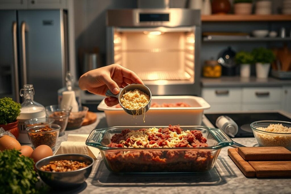 A well-lit and spacious kitchen counter, with a variety of cooking ingredients and tools arranged in an orderly fashion. In the foreground, a chef's hands carefully measuring and mixing the meatloaf ingredients - ground beef, breadcrumbs, eggs, and spices. The middle ground features a large baking dish, ready to receive the meatloaf mixture. In the background, a stainless steel oven stands ready, its door open to reveal a preheated interior. The lighting is warm and inviting, casting a soft glow over the scene, conveying a sense of care and attention to detail in the preparation of this delicious cheesy meatloaf bake. A well-lit and spacious kitchen counter, with a variety of cooking ingredients and tools arranged in an orderly fashion. In the foreground, a chef's hands carefully measuring and mixing the meatloaf ingredients - ground beef, breadcrumbs, eggs, and spices. The middle ground features a large baking dish, ready to receive the meatloaf mixture. In the background, a stainless steel oven stands ready, its door open to reveal a preheated interior. The lighting is warm and inviting, casting a soft glow over the scene, conveying a sense of care and attention to detail in the preparation of this delicious cheesy meatloaf bake.