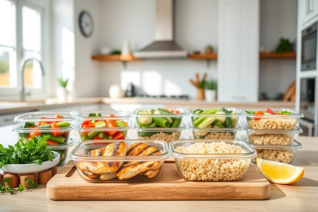 A well-lit, appetizing scene of a healthy chicken meal prep arrangement. In the foreground, a wooden board displays a neatly organized set of meal containers filled with grilled chicken, steamed vegetables, and quinoa. Alongside, a small bowl of fresh herbs and a lemon wedge add color and freshness. The middle ground showcases a neutral-toned kitchen counter, with a minimalist backdrop of white walls and natural-light streaming in from large windows. The overall mood is clean, wholesome, and visually appealing, inviting the viewer to imagine the flavorful and nutritious meal. A well-lit, appetizing scene of a healthy chicken meal prep arrangement. In the foreground, a wooden board displays a neatly organized set of meal containers filled with grilled chicken, steamed vegetables, and quinoa. Alongside, a small bowl of fresh herbs and a lemon wedge add color and freshness. The middle ground showcases a neutral-toned kitchen counter, with a minimalist backdrop of white walls and natural-light streaming in from large windows. The overall mood is clean, wholesome, and visually appealing, inviting the viewer to imagine the flavorful and nutritious meal.