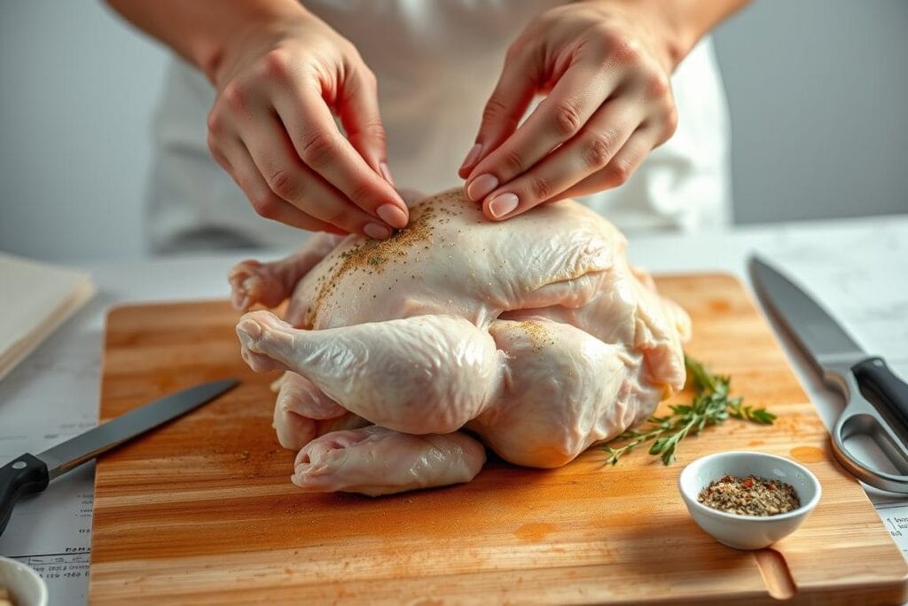 A well-lit, close-up shot of a person's hands carefully preparing a chicken for baking. The chicken is placed on a cutting board, surrounded by various kitchen utensils such as a sharp knife, kitchen shears, and a small bowl of seasonings. The person's hands gently separate the skin from the meat, season the chicken with a mix of herbs and spices, and tuck the wings under the body to create a neat, uniform shape. The background is blurred, creating a sense of focus on the preparation process. The overall mood is one of attentiveness and care, reflecting the attention to detail required for making a delicious baked chicken dish. A well-lit, close-up shot of a person's hands carefully preparing a chicken for baking. The chicken is placed on a cutting board, surrounded by various kitchen utensils such as a sharp knife, kitchen shears, and a small bowl of seasonings. The person's hands gently separate the skin from the meat, season the chicken with a mix of herbs and spices, and tuck the wings under the body to create a neat, uniform shape. The background is blurred, creating a sense of focus on the preparation process. The overall mood is one of attentiveness and care, reflecting the attention to detail required for making a delicious baked chicken dish.
