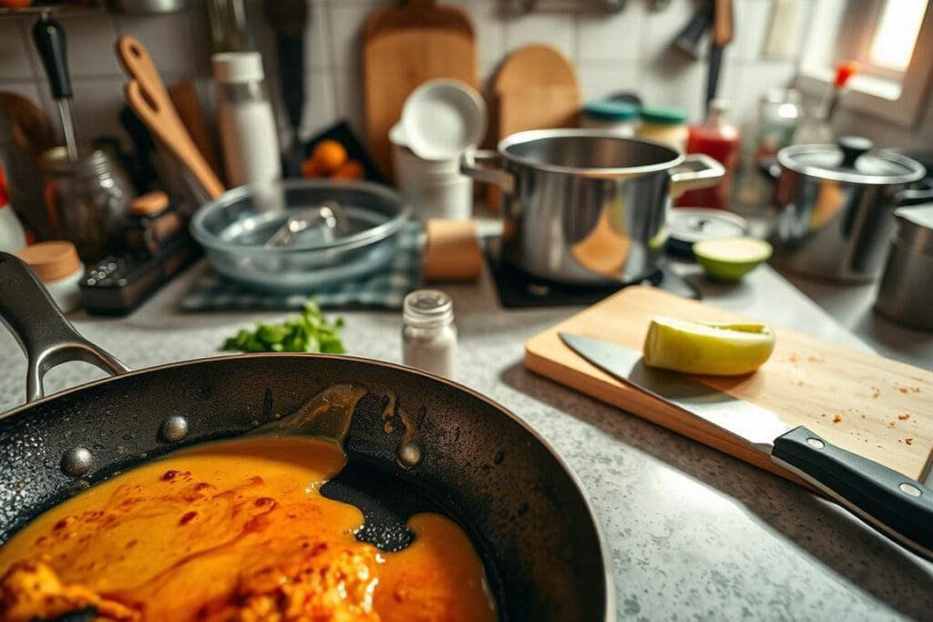 A well-lit, close-up top-down view of a kitchen counter surface, showcasing a collection of common cooking mistakes to avoid. In the foreground, a pan with charred, overcooked food, a spilled and splattered sauce, and a salt shaker knocked over. In the middle ground, a cutting board with an uneven, ragged knife-cut vegetable, and a pot with boiling water spilling over the sides. In the background, a cluttered assortment of kitchen tools and ingredients, hinting at organizational chaos. The scene is bathed in a warm, inviting light, conveying a sense of culinary learning and improvement. A well-lit, close-up top-down view of a kitchen counter surface, showcasing a collection of common cooking mistakes to avoid. In the foreground, a pan with charred, overcooked food, a spilled and splattered sauce, and a salt shaker knocked over. In the middle ground, a cutting board with an uneven, ragged knife-cut vegetable, and a pot with boiling water spilling over the sides. In the background, a cluttered assortment of kitchen tools and ingredients, hinting at organizational chaos. The scene is bathed in a warm, inviting light, conveying a sense of culinary learning and improvement.