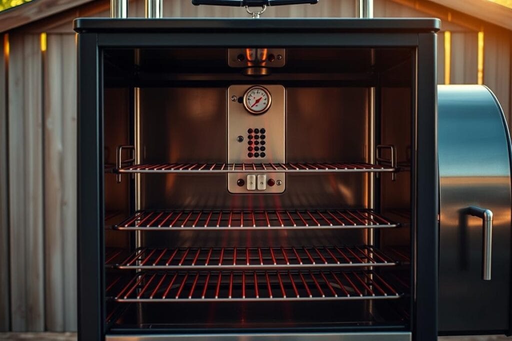 A well-lit, detailed image of a smoker with its distinct heat zones clearly visible. The smoker stands in the foreground, its stainless steel exterior gleaming. The interior is exposed, showcasing the various racks and compartments designed to distribute heat and smoke evenly. In the middle ground, a heat indicator and adjustable vents are prominently displayed, allowing for precise temperature control. The background features a rustic, wooden fence or shed, setting the scene for an outdoor, backyard cooking setup. Warm, golden lighting casts a cozy, inviting atmosphere, hinting at the delectable smoked meats to come. The overall composition highlights the thoughtful, technical aspects of preparing the smoker for the perfect smoking session. A well-lit, detailed image of a smoker with its distinct heat zones clearly visible. The smoker stands in the foreground, its stainless steel exterior gleaming. The interior is exposed, showcasing the various racks and compartments designed to distribute heat and smoke evenly. In the middle ground, a heat indicator and adjustable vents are prominently displayed, allowing for precise temperature control. The background features a rustic, wooden fence or shed, setting the scene for an outdoor, backyard cooking setup. Warm, golden lighting casts a cozy, inviting atmosphere, hinting at the delectable smoked meats to come. The overall composition highlights the thoughtful, technical aspects of preparing the smoker for the perfect smoking session.