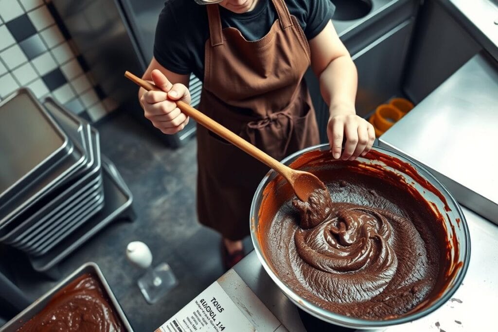 A well-lit, high-angle shot of a seasoned lunch lady in a classic hairnet, apron, and sturdy shoes, mixing a large bowl of fudgy, homemade brownie batter. The foreground features her strong hands firmly gripping a wooden spoon, the batter glistening with melted chocolate. In the middle ground, stacks of metal baking trays stand ready on the stainless steel countertop, while the background showcases the bustling industrial kitchen, with its gleaming appliances and tiled walls. The scene radiates a nostalgic, comforting atmosphere, capturing the essence of the classic school lunch lady and her time-honored brownie recipe.