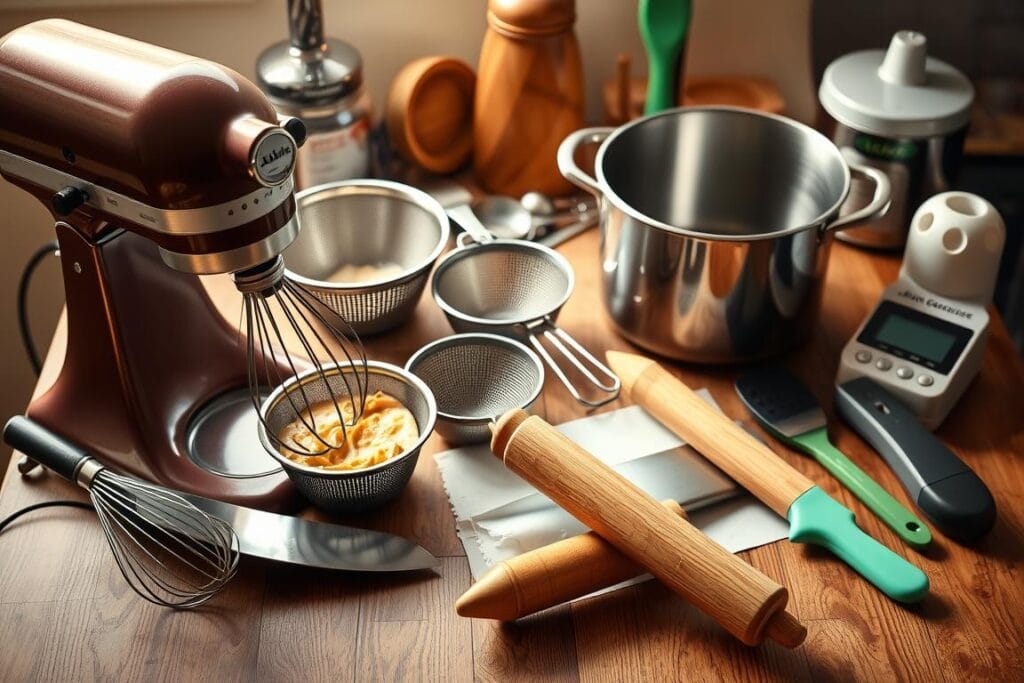 A well-lit, high-angle shot of a variety of kitchen tools and equipment arranged on a wooden table, perfectly suited for making pistachio fudge. In the foreground, a heavy-duty stand mixer with a whisk attachment, a sharp chef's knife, and a sturdy wooden rolling pin. In the middle ground, a set of fine-mesh sieves, a sleek digital food scale, and a set of measuring spoons. In the background, a large saucepan, a silicone spatula, and a high-quality pistachio cracker. The lighting is warm and inviting, casting a soft glow on the scene, and the overall composition is visually balanced and aesthetically pleasing. A well-lit, high-angle shot of a variety of kitchen tools and equipment arranged on a wooden table, perfectly suited for making pistachio fudge. In the foreground, a heavy-duty stand mixer with a whisk attachment, a sharp chef's knife, and a sturdy wooden rolling pin. In the middle ground, a set of fine-mesh sieves, a sleek digital food scale, and a set of measuring spoons. In the background, a large saucepan, a silicone spatula, and a high-quality pistachio cracker. The lighting is warm and inviting, casting a soft glow on the scene, and the overall composition is visually balanced and aesthetically pleasing.