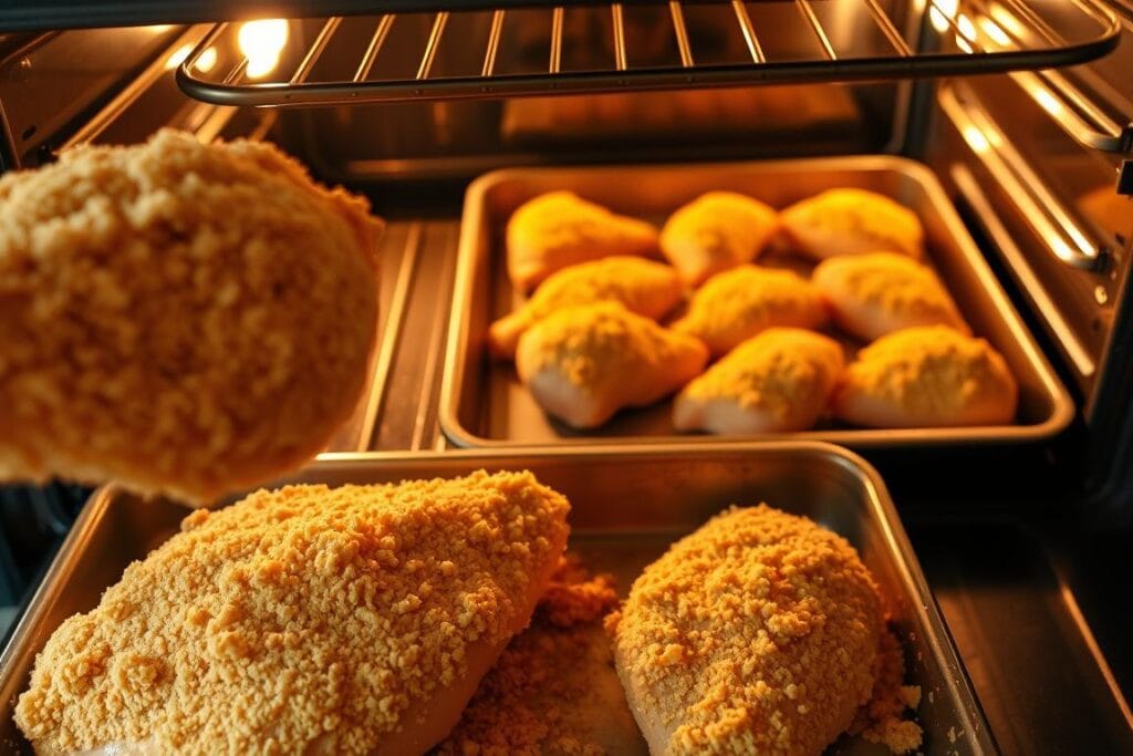 A well-lit, high-angle view of a breading process for oven-baked chicken. In the foreground, chicken breasts are being coated in a thick, golden-brown breading mixture, with visible crunchy texture. The middle ground shows the breaded chicken pieces being carefully arranged on a baking sheet, ready for the oven. The background features the open oven door, revealing the interior with gently glowing heating elements. Warm, natural lighting casts soft shadows, conveying an inviting, homemade atmosphere. The composition emphasizes the methodical, step-by-step nature of the breading process. A well-lit, high-angle view of a breading process for oven-baked chicken. In the foreground, chicken breasts are being coated in a thick, golden-brown breading mixture, with visible crunchy texture. The middle ground shows the breaded chicken pieces being carefully arranged on a baking sheet, ready for the oven. The background features the open oven door, revealing the interior with gently glowing heating elements. Warm, natural lighting casts soft shadows, conveying an inviting, homemade atmosphere. The composition emphasizes the methodical, step-by-step nature of the breading process.