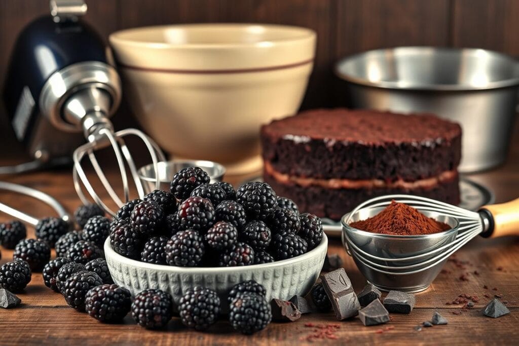 A well-lit, high-resolution still life composition showcasing the essential ingredients and tools for creating a decadent Blackberry Velvet Gothic Cake. In the foreground, a selection of ripe, juicy blackberries, dark chocolate chunks, and a bowl of velvety cocoa powder. Surrounding them, baking essentials like a shiny hand mixer, a precise measuring cup, and a classic whisk. In the middle ground, a vintage ceramic mixing bowl and a stainless steel baking tin, reflecting the warm glow of the overhead lighting. In the background, a wood-grained surface, providing a rustic, moody backdrop that complements the rich, Gothic aesthetic of the cake. A well-lit, high-resolution still life composition showcasing the essential ingredients and tools for creating a decadent Blackberry Velvet Gothic Cake. In the foreground, a selection of ripe, juicy blackberries, dark chocolate chunks, and a bowl of velvety cocoa powder. Surrounding them, baking essentials like a shiny hand mixer, a precise measuring cup, and a classic whisk. In the middle ground, a vintage ceramic mixing bowl and a stainless steel baking tin, reflecting the warm glow of the overhead lighting. In the background, a wood-grained surface, providing a rustic, moody backdrop that complements the rich, Gothic aesthetic of the cake.