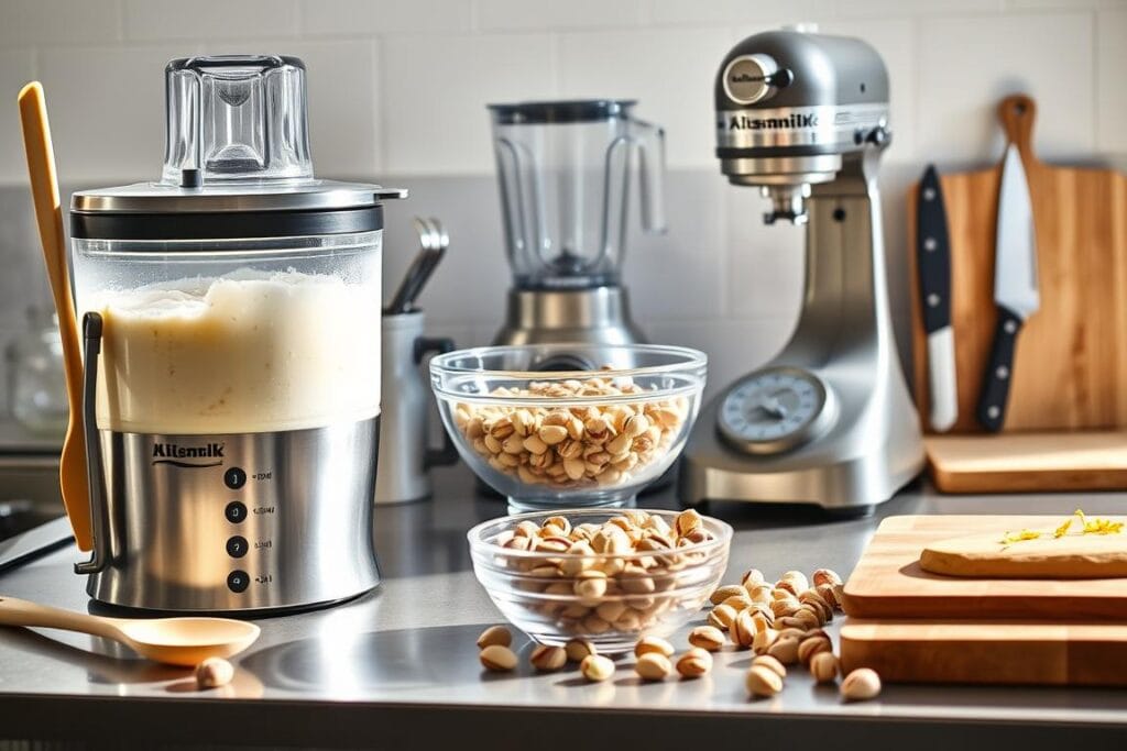 A well-lit kitchen counter, shining with stainless steel, showcases an array of tools for crafting a rich and creamy pistachio ice cream. In the foreground, an electric ice cream maker whirs quietly, surrounded by a silicone spatula, a heavy-duty stand mixer with the paddle attachment, and a sturdy wooden spoon. In the middle ground, a large bowl filled with shelled pistachios stands ready, alongside a powerful blender and a citrus zester for adding vibrant notes. In the background, a sleek chef's knife and a sturdy cutting board hint at the preparation of the fresh ingredients. The scene is bathed in warm, natural light, creating a welcoming and inviting atmosphere for the artisanal creation of this decadent, protein-packed frozen treat. A well-lit kitchen counter, shining with stainless steel, showcases an array of tools for crafting a rich and creamy pistachio ice cream. In the foreground, an electric ice cream maker whirs quietly, surrounded by a silicone spatula, a heavy-duty stand mixer with the paddle attachment, and a sturdy wooden spoon. In the middle ground, a large bowl filled with shelled pistachios stands ready, alongside a powerful blender and a citrus zester for adding vibrant notes. In the background, a sleek chef's knife and a sturdy cutting board hint at the preparation of the fresh ingredients. The scene is bathed in warm, natural light, creating a welcoming and inviting atmosphere for the artisanal creation of this decadent, protein-packed frozen treat.