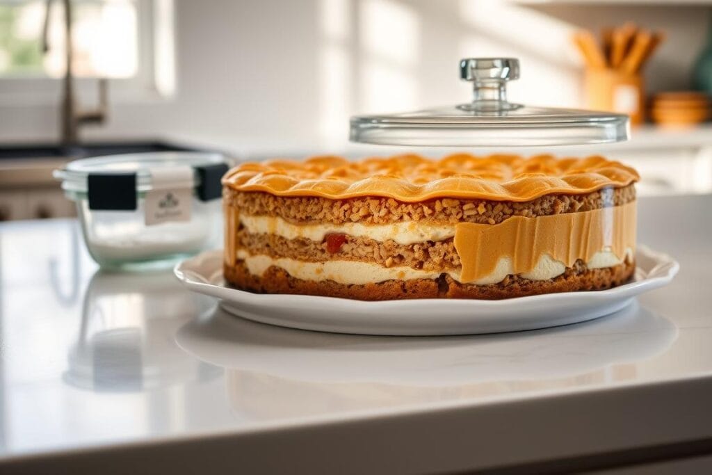 A well-lit kitchen counter showcases a delectable honey baklava cheesecake, its layers of flaky phyllo dough, sweet honey, and rich cream cheese neatly arranged. The dessert sits atop a clean white platter, accompanied by a glass storage container with an airtight lid, ready to preserve its freshness. Soft natural lighting caresses the scene, highlighting the dessert's inviting golden hues and the container's transparent clarity. The overall atmosphere evokes a sense of culinary sophistication and the desire to savor every bite while ensuring the cheesecake's longevity. A well-lit kitchen counter showcases a delectable honey baklava cheesecake, its layers of flaky phyllo dough, sweet honey, and rich cream cheese neatly arranged. The dessert sits atop a clean white platter, accompanied by a glass storage container with an airtight lid, ready to preserve its freshness. Soft natural lighting caresses the scene, highlighting the dessert's inviting golden hues and the container's transparent clarity. The overall atmosphere evokes a sense of culinary sophistication and the desire to savor every bite while ensuring the cheesecake's longevity.