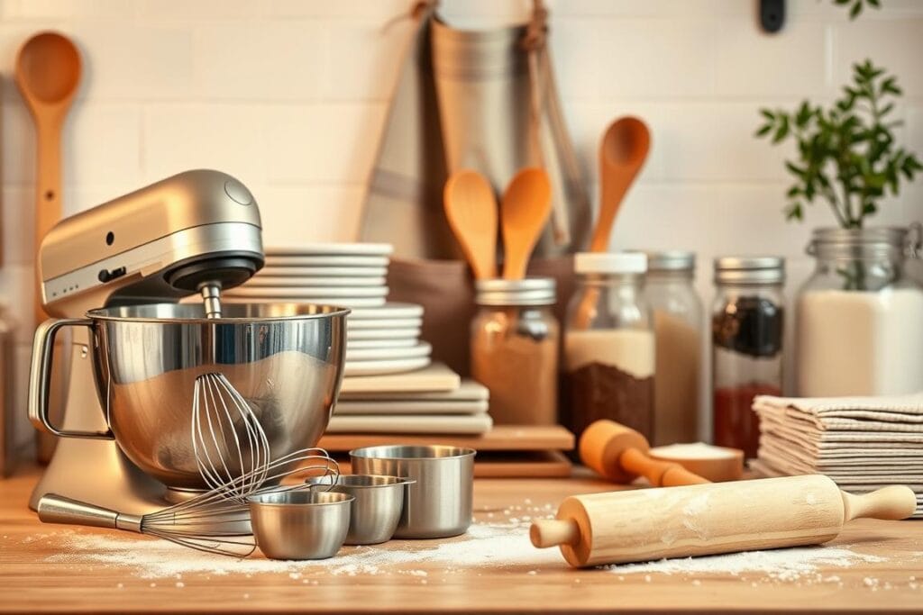 A well-lit kitchen counter, showcasing an array of baking essentials. In the foreground, a mixing bowl, whisk, and measuring cups in shades of stainless steel, reflecting the warm glow of the overhead lighting. Beside them, a stack of flour-dusted baking sheets, a rolling pin, and a selection of wooden spoons. In the middle ground, a collection of glass jars filled with essential ingredients like sugar, cocoa powder, and vanilla extract. In the background, a vintage-inspired apron and a few sprigs of fresh herbs, adding a touch of organic elegance to the scene. The overall mood is one of comforting, homemade baking, inviting the viewer to imagine the delicious treats that could be created with these essential tools and ingredients. A well-lit kitchen counter, showcasing an array of baking essentials. In the foreground, a mixing bowl, whisk, and measuring cups in shades of stainless steel, reflecting the warm glow of the overhead lighting. Beside them, a stack of flour-dusted baking sheets, a rolling pin, and a selection of wooden spoons. In the middle ground, a collection of glass jars filled with essential ingredients like sugar, cocoa powder, and vanilla extract. In the background, a vintage-inspired apron and a few sprigs of fresh herbs, adding a touch of organic elegance to the scene. The overall mood is one of comforting, homemade baking, inviting the viewer to imagine the delicious treats that could be created with these essential tools and ingredients.