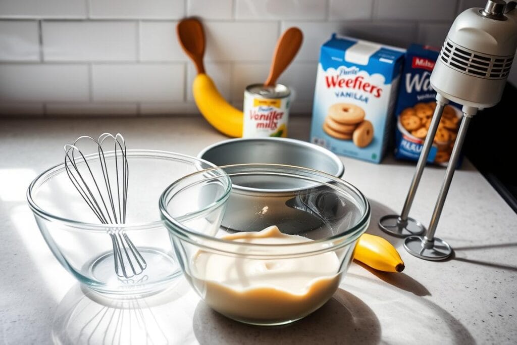 A well-lit kitchen counter, the essential tools for baking a delectable banana pudding poke cake. In the foreground, a sturdy glass mixing bowl, a whisk, and a hand mixer stand ready. In the middle, a springform pan, a wooden spoon, and a can of sweetened condensed milk. In the background, a ripe banana, a box of vanilla pudding mix, and a bag of vanilla wafers. Subtle shadows and a warm, inviting atmosphere set the stage for a delightful baking session. A well-lit kitchen counter, the essential tools for baking a delectable banana pudding poke cake. In the foreground, a sturdy glass mixing bowl, a whisk, and a hand mixer stand ready. In the middle, a springform pan, a wooden spoon, and a can of sweetened condensed milk. In the background, a ripe banana, a box of vanilla pudding mix, and a bag of vanilla wafers. Subtle shadows and a warm, inviting atmosphere set the stage for a delightful baking session.