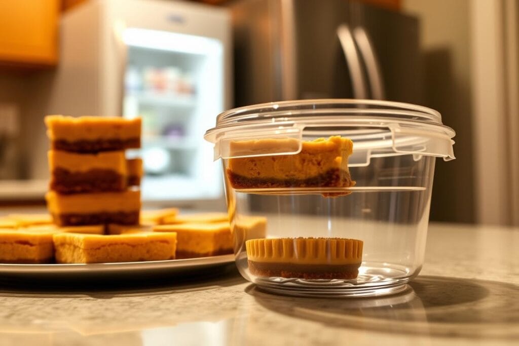 A well-lit kitchen counter, the surface adorned with neatly stacked Nutter Butter Pie slices, their golden crusts gleaming. In the foreground, a clear food storage container stands, its lid slightly ajar, inviting a glimpse of the luscious peanut butter filling within. Soft, warm lighting casts a cozy glow, emphasizing the dessert's delectable presentation. In the background, a refrigerator hums, a testament to the importance of proper chilling for food safety and preservation. The scene exudes a sense of care and attention to detail, perfectly capturing the essence of "Storage and Food Safety" for the ultimate Nutter Butter Pie.