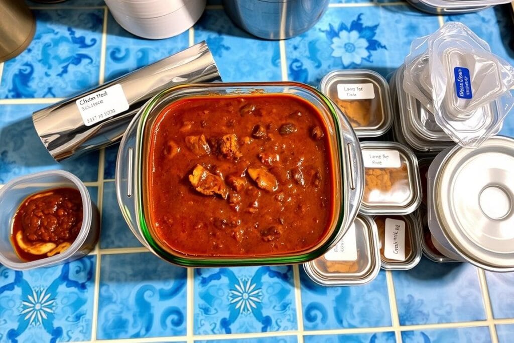 A well-lit kitchen counter, the surface covered in a vibrant blue-and-white tile pattern. In the center, a glass storage container filled with rich, chocolatey Chicken Mole, its thick sauce glistening under the warm halogen lighting. Surrounding the container, an assortment of small plastic containers, each neatly labeled with the date and contents. A roll of aluminum foil and a stack of plastic wrap stand ready to seal and protect the leftovers. The overall scene conveys a sense of careful organization and meal preparation, with the Chicken Mole taking center stage as the star of the show. A well-lit kitchen counter, the surface covered in a vibrant blue-and-white tile pattern. In the center, a glass storage container filled with rich, chocolatey Chicken Mole, its thick sauce glistening under the warm halogen lighting. Surrounding the container, an assortment of small plastic containers, each neatly labeled with the date and contents. A roll of aluminum foil and a stack of plastic wrap stand ready to seal and protect the leftovers. The overall scene conveys a sense of careful organization and meal preparation, with the Chicken Mole taking center stage as the star of the show.