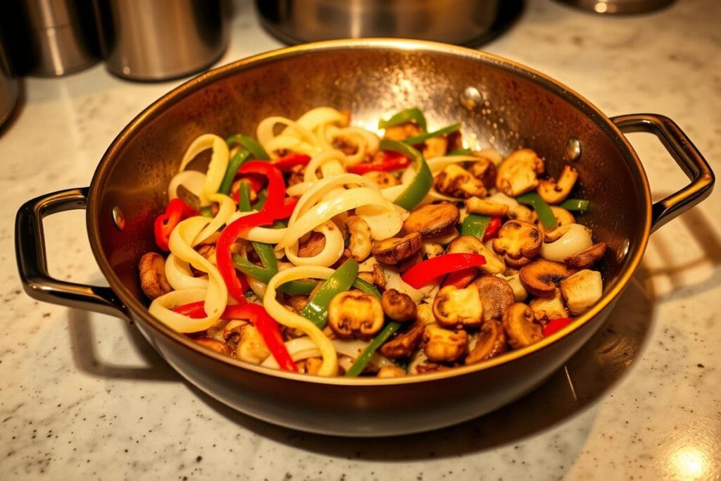 A well-lit kitchen counter, the surface glistening with a light sheen of oil. Vibrant vegetables - sliced onions, julienned bell peppers, and diced mushrooms - sizzle and steam as they're expertly sautéed in a high-walled skillet. The aroma of caramelizing aromatics fills the air, hinting at the savory flavors to come. Warm, golden-brown lighting casts a cozy glow, while the skillet's smooth, polished metal reflects the scene in an intriguing, abstract way. This is the stage for a delectable dish, where the foundation of a Philly Steak Cheese Skillet is being built, one flavorful layer at a time. A well-lit kitchen counter, the surface glistening with a light sheen of oil. Vibrant vegetables - sliced onions, julienned bell peppers, and diced mushrooms - sizzle and steam as they're expertly sautéed in a high-walled skillet. The aroma of caramelizing aromatics fills the air, hinting at the savory flavors to come. Warm, golden-brown lighting casts a cozy glow, while the skillet's smooth, polished metal reflects the scene in an intriguing, abstract way. This is the stage for a delectable dish, where the foundation of a Philly Steak Cheese Skillet is being built, one flavorful layer at a time.