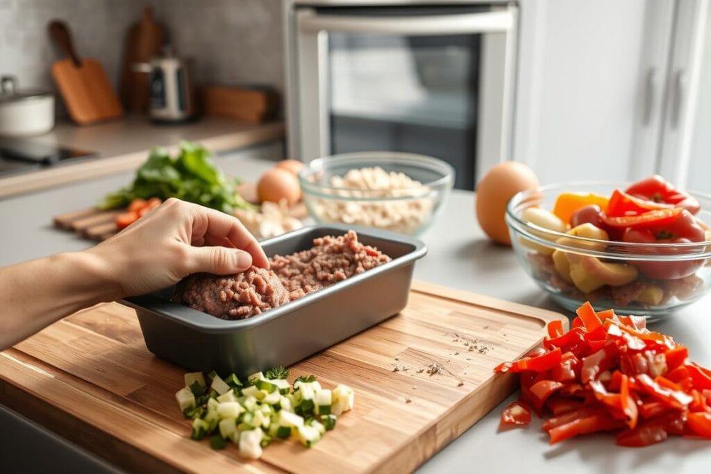 A well-lit kitchen counter with a cutting board, various ingredients, and cooking tools neatly arranged. In the foreground, a hand gently kneads a ball of ground meat, shaping it into a loaf pan. Beside it, vegetables like onions, garlic, and bell peppers are chopped and ready to be incorporated. The middle ground features a glass bowl filled with breadcrumbs, eggs, and herbs, the building blocks of a classic meatloaf. In the background, a stainless steel oven with its door ajar, hinting at the final baking stage. The scene conveys a sense of calm focus and culinary precision, setting the stage for a delicious homemade meatloaf. A well-lit kitchen counter with a cutting board, various ingredients, and cooking tools neatly arranged. In the foreground, a hand gently kneads a ball of ground meat, shaping it into a loaf pan. Beside it, vegetables like onions, garlic, and bell peppers are chopped and ready to be incorporated. The middle ground features a glass bowl filled with breadcrumbs, eggs, and herbs, the building blocks of a classic meatloaf. In the background, a stainless steel oven with its door ajar, hinting at the final baking stage. The scene conveys a sense of calm focus and culinary precision, setting the stage for a delicious homemade meatloaf.
