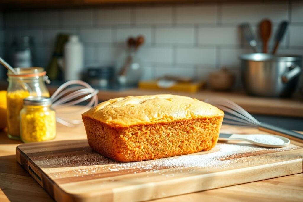 A well-lit kitchen counter with a freshly baked lemon pound cake resting on a wooden cutting board. The cake has a golden-brown crust and a delicate, crumbly texture. Surrounding the cake are various baking tools and ingredients, including a whisk, measuring cups, a jar of lemon zest, and a dusting of powdered sugar. The scene is bathed in warm, natural light, creating a cozy and inviting atmosphere. The focus is on the cake, with the background softly blurred to emphasize the subject. The image conveys a sense of homemade comfort and the process of baking this classic dessert. A well-lit kitchen counter with a freshly baked lemon pound cake resting on a wooden cutting board. The cake has a golden-brown crust and a delicate, crumbly texture. Surrounding the cake are various baking tools and ingredients, including a whisk, measuring cups, a jar of lemon zest, and a dusting of powdered sugar. The scene is bathed in warm, natural light, creating a cozy and inviting atmosphere. The focus is on the cake, with the background softly blurred to emphasize the subject. The image conveys a sense of homemade comfort and the process of baking this classic dessert.