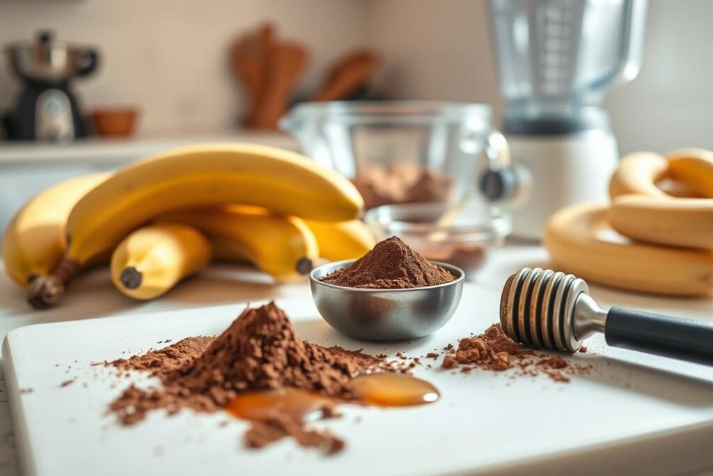 A well-lit kitchen counter with a variety of fresh ingredients for healthy homemade chocolate nice cream. In the foreground, a cutting board displays ripe bananas, cocoa powder, and a drizzle of honey. In the middle ground, a blender and mixing bowl hint at the preparation process. The background features a clean, minimalist backdrop, allowing the ingredients to take center stage. The lighting is soft and natural, casting gentle shadows and highlights to accentuate the textures and colors of the components. The overall mood is one of simplicity, health, and the promise of a delicious, guilt-free treat. A well-lit kitchen counter with a variety of fresh ingredients for healthy homemade chocolate nice cream. In the foreground, a cutting board displays ripe bananas, cocoa powder, and a drizzle of honey. In the middle ground, a blender and mixing bowl hint at the preparation process. The background features a clean, minimalist backdrop, allowing the ingredients to take center stage. The lighting is soft and natural, casting gentle shadows and highlights to accentuate the textures and colors of the components. The overall mood is one of simplicity, health, and the promise of a delicious, guilt-free treat.