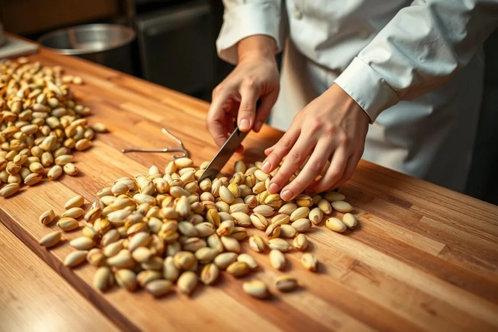 A well-lit kitchen counter with a wooden cutting board, displaying a professional chef's hands carefully slicing into a batch of freshly shelled pistachio nuts. The crisp green shells are neatly stacked to the side, while the exposed nutmeats reflect the warm, golden lighting. The chef's movements are precise and deliberate, producing even, uniform pieces that will later be packaged into an enticing pistachio fudge. The overall atmosphere is one of skilled craftsmanship and attention to detail, perfectly capturing the "Professional Tips for Cutting and Packaging" section of the article.