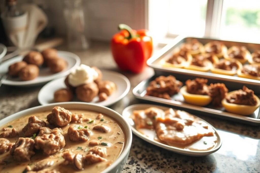 A well-lit kitchen counter, with an array of easy beef stroganoff variations laid out. In the foreground, a steaming bowl of classic beef stroganoff, its creamy sauce dotted with tender chunks of beef and mushrooms. Beside it, a plate of stroganoff meatballs, their rich flavor complemented by a tangy sour cream topping. In the middle ground, a savory stroganoff stuffed bell pepper, the capsicum's vibrant color contrasting with the hearty filling. Finally, in the background, a tray of stroganoff-inspired stuffed shells, their pasta shells enveloping a delicious mixture of ground beef, cheese, and aromatic spices. The lighting is warm and inviting, casting a cozy glow over the delectable dishes, capturing the comforting and satisfying nature of these easy beef stroganoff variations. A well-lit kitchen counter, with an array of easy beef stroganoff variations laid out. In the foreground, a steaming bowl of classic beef stroganoff, its creamy sauce dotted with tender chunks of beef and mushrooms. Beside it, a plate of stroganoff meatballs, their rich flavor complemented by a tangy sour cream topping. In the middle ground, a savory stroganoff stuffed bell pepper, the capsicum's vibrant color contrasting with the hearty filling. Finally, in the background, a tray of stroganoff-inspired stuffed shells, their pasta shells enveloping a delicious mixture of ground beef, cheese, and aromatic spices. The lighting is warm and inviting, casting a cozy glow over the delectable dishes, capturing the comforting and satisfying nature of these easy beef stroganoff variations.