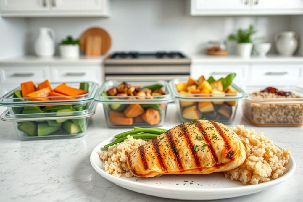 A well-lit kitchen counter with various meal prep containers arranged neatly. In the foreground, a freshly grilled chicken breast, seasoned with herbs and spices, is placed alongside a portion of steamed vegetables and a scoop of brown rice. In the middle ground, additional containers filled with pre-portioned salads, roasted sweet potatoes, and quinoa sit atop the counter, showcasing the variety of healthy, easy-to-prepare chicken-based meals. The background features a clean, modern kitchen with minimalist decor, suggesting an organized and efficient meal prep environment. The overall scene conveys a sense of simplicity, nutrition, and practicality, perfectly capturing the essence of "Easy Chicken Meal Prep Ideas." A well-lit kitchen counter with various meal prep containers arranged neatly. In the foreground, a freshly grilled chicken breast, seasoned with herbs and spices, is placed alongside a portion of steamed vegetables and a scoop of brown rice. In the middle ground, additional containers filled with pre-portioned salads, roasted sweet potatoes, and quinoa sit atop the counter, showcasing the variety of healthy, easy-to-prepare chicken-based meals. The background features a clean, modern kitchen with minimalist decor, suggesting an organized and efficient meal prep environment. The overall scene conveys a sense of simplicity, nutrition, and practicality, perfectly capturing the essence of "Easy Chicken Meal Prep Ideas."