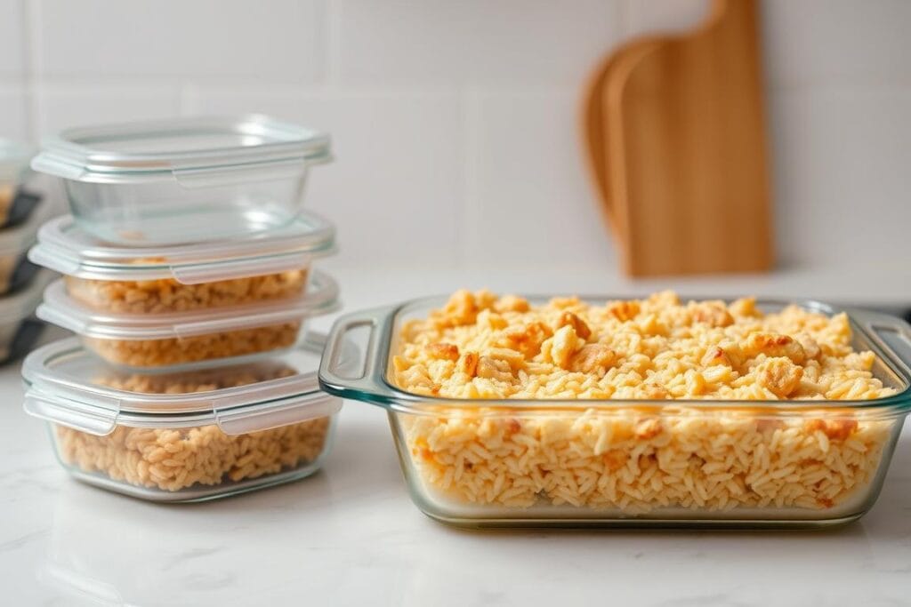 A well-lit, neatly organized kitchen counter featuring a glass casserole dish filled with fluffy, golden-brown chicken and rice casserole. Beside the dish, a set of airtight glass food storage containers, one open to reveal the leftovers inside. In the background, a clean white backdrop with minimal distractions. The lighting is soft and even, creating a warm, inviting atmosphere. The focus is on the casserole and storage containers, highlighting the steps for properly storing and reheating this healthy, delicious dish. A well-lit, neatly organized kitchen counter featuring a glass casserole dish filled with fluffy, golden-brown chicken and rice casserole. Beside the dish, a set of airtight glass food storage containers, one open to reveal the leftovers inside. In the background, a clean white backdrop with minimal distractions. The lighting is soft and even, creating a warm, inviting atmosphere. The focus is on the casserole and storage containers, highlighting the steps for properly storing and reheating this healthy, delicious dish.