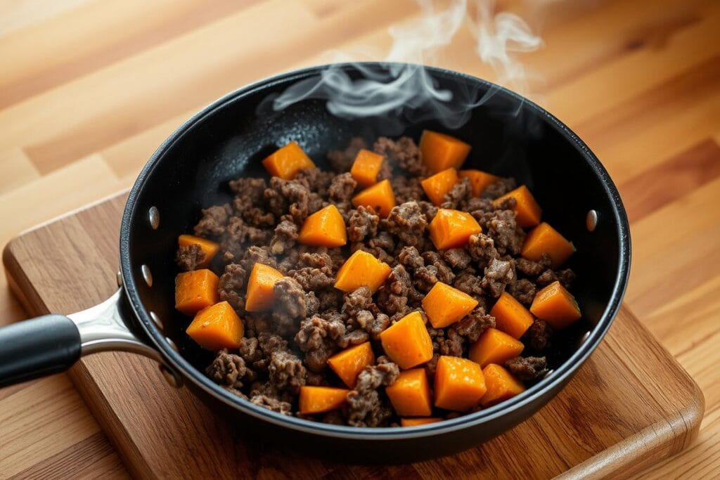 A well-lit skillet sits on a wooden cooking surface, steam gently rising from the pan. Inside, sizzling ground beef and diced sweet potatoes are arranged in an appealing composition, the colors and textures conveying a sense of homemade, flavorful cooking. The skillet is set against a simple, uncluttered background, allowing the subject to take center stage. The image has a warm, inviting tone, reflecting the rustic, hearty nature of the dish. Subtle shadows and highlights accentuate the three-dimensional form of the ingredients, while a slightly elevated camera angle provides an engaging, almost bird's-eye view of the cooking process. A well-lit skillet sits on a wooden cooking surface, steam gently rising from the pan. Inside, sizzling ground beef and diced sweet potatoes are arranged in an appealing composition, the colors and textures conveying a sense of homemade, flavorful cooking. The skillet is set against a simple, uncluttered background, allowing the subject to take center stage. The image has a warm, inviting tone, reflecting the rustic, hearty nature of the dish. Subtle shadows and highlights accentuate the three-dimensional form of the ingredients, while a slightly elevated camera angle provides an engaging, almost bird's-eye view of the cooking process.