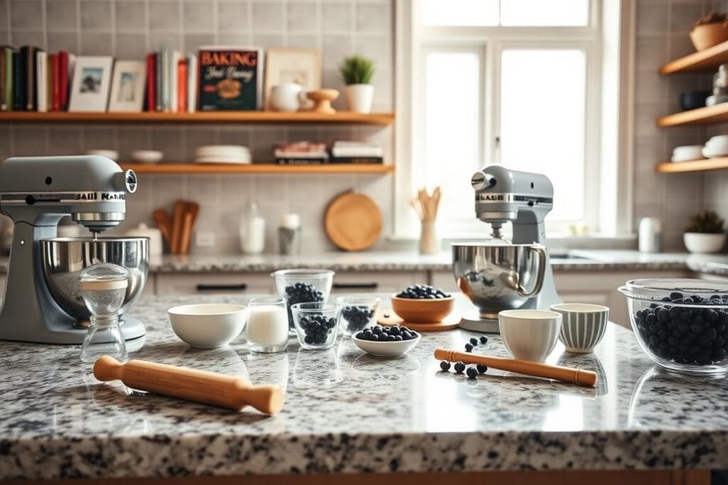 A well-lit, spacious dessert preparation workspace with a large granite countertop. Various baking tools and ingredients are neatly arranged, including a stand mixer, rolling pin, measuring cups, and fresh blueberries. The background features a tiled backsplash and open shelves displaying baking cookbooks. Soft, diffused lighting from a large window creates a warm, inviting atmosphere. The angle showcases the workspace in a clean, organized manner, ready for the step-by-step process of crafting a creamy no-bake blueberry cheesecake. A well-lit, spacious dessert preparation workspace with a large granite countertop. Various baking tools and ingredients are neatly arranged, including a stand mixer, rolling pin, measuring cups, and fresh blueberries. The background features a tiled backsplash and open shelves displaying baking cookbooks. Soft, diffused lighting from a large window creates a warm, inviting atmosphere. The angle showcases the workspace in a clean, organized manner, ready for the step-by-step process of crafting a creamy no-bake blueberry cheesecake.