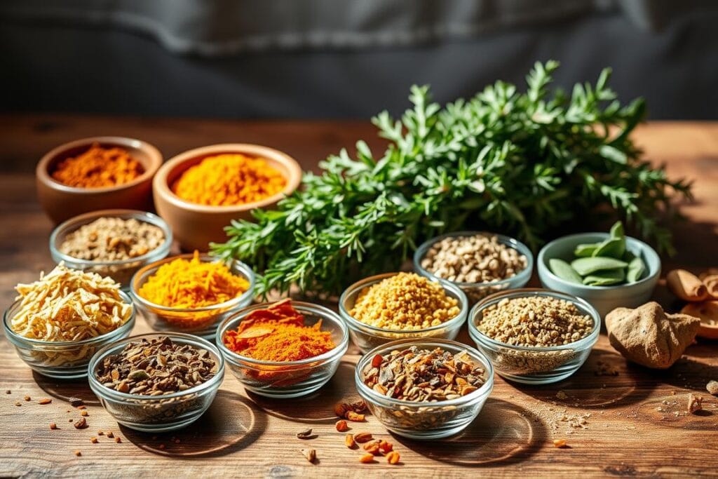 A well-organized collection of diverse seasoning blends, artfully arranged on a rustic wooden surface. The foreground features an array of small bowls filled with fragrant spices, herbs, and dried citrus zests, casting warm shadows across the scene. In the middle ground, bunches of fresh thyme, rosemary, and sage add pops of lush greenery, complementing the earthy tones. The background is softly blurred, highlighting the focal point - the bountiful seasoning selection, ready to infuse a variety of baked chicken dishes with delicious flavors. The lighting is gentle, creating a cozy, inviting atmosphere that evokes the comforting essence of homemade cooking. A well-organized collection of diverse seasoning blends, artfully arranged on a rustic wooden surface. The foreground features an array of small bowls filled with fragrant spices, herbs, and dried citrus zests, casting warm shadows across the scene. In the middle ground, bunches of fresh thyme, rosemary, and sage add pops of lush greenery, complementing the earthy tones. The background is softly blurred, highlighting the focal point - the bountiful seasoning selection, ready to infuse a variety of baked chicken dishes with delicious flavors. The lighting is gentle, creating a cozy, inviting atmosphere that evokes the comforting essence of homemade cooking.