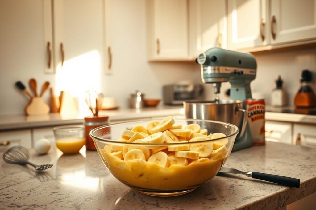 A well-organized kitchen counter, bathed in warm, natural light. In the foreground, a large mixing bowl holds the ingredients for a luscious banana pudding poke cake - moist yellow cake, a creamy pudding filling, and sliced ripe bananas. Nearby, a can of sweetened condensed milk, a hand mixer, and a poke tool sit ready to assemble the layers. In the middle ground, baking tools like a whisk, spatula, and measuring cups hint at the careful preparation needed. The background showcases clean, minimalist cabinetry, accentuating the focus on the delectable dessert-making process. The overall scene evokes a sense of homey, indulgent comfort - the perfect setting to craft a truly decadent banana pudding poke cake. Prompt A well-organized kitchen counter, bathed in warm, natural light. In the foreground, a large mixing bowl holds the ingredients for a luscious banana pudding poke cake - moist yellow cake, a creamy pudding filling, and sliced ripe bananas. Nearby, a can of sweetened condensed milk, a hand mixer, and a poke tool sit ready to assemble the layers. In the middle ground, baking tools like a whisk, spatula, and measuring cups hint at the careful preparation needed. The background showcases clean, minimalist cabinetry, accentuating the focus on the delectable dessert-making process. The overall scene evokes a sense of homey, indulgent comfort - the perfect setting to craft a truly decadent banana pudding poke cake. Prompt