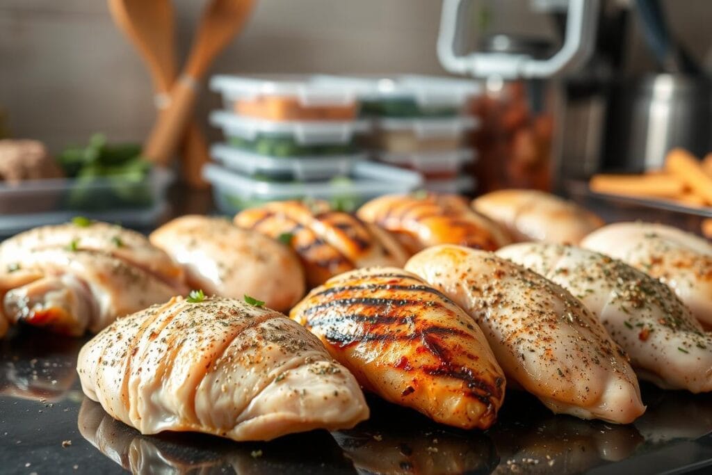 A well-organized kitchen counter showcasing a selection of freshly prepared chicken breasts, seasoned with a blend of herbs and spices. The chicken is arranged in a visually appealing manner, with a variety of cuts and cooking methods represented, such as grilled, baked, and poached. The lighting is soft and natural, creating a warm, inviting atmosphere that highlights the juicy, golden-brown texture of the chicken. In the background, a few essential meal prep containers and utensils are visible, suggesting the versatility of these chicken dishes for easy, nutritious meals throughout the week. A well-organized kitchen counter showcasing a selection of freshly prepared chicken breasts, seasoned with a blend of herbs and spices. The chicken is arranged in a visually appealing manner, with a variety of cuts and cooking methods represented, such as grilled, baked, and poached. The lighting is soft and natural, creating a warm, inviting atmosphere that highlights the juicy, golden-brown texture of the chicken. In the background, a few essential meal prep containers and utensils are visible, suggesting the versatility of these chicken dishes for easy, nutritious meals throughout the week.