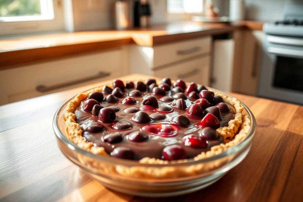 A wooden kitchen counter, its surface adorned with a neatly arranged no-bake cherry chocolate chip pie. The pie, a delightful fusion of sweet, tart cherries and rich chocolate chips, sits atop a crisp graham cracker crust. Soft afternoon light filters through a nearby window, casting a warm, inviting glow on the dessert. In the foreground, a classic glass pie dish showcases the vibrant filling, while in the background, a clean, minimalist kitchen sets the stage. The overall mood is one of simplicity, comfort, and the irresistible allure of a homemade, no-fuss treat. A wooden kitchen counter, its surface adorned with a neatly arranged no-bake cherry chocolate chip pie. The pie, a delightful fusion of sweet, tart cherries and rich chocolate chips, sits atop a crisp graham cracker crust. Soft afternoon light filters through a nearby window, casting a warm, inviting glow on the dessert. In the foreground, a classic glass pie dish showcases the vibrant filling, while in the background, a clean, minimalist kitchen sets the stage. The overall mood is one of simplicity, comfort, and the irresistible allure of a homemade, no-fuss treat.