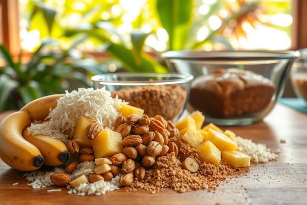 A wooden kitchen counter overflowing with an assortment of traditional Hawaiian banana bread mix-ins. In the foreground, ripe bananas, shredded coconut, macadamia nuts, and chunks of pineapple are arranged in an artful display. The middle ground features a glass bowl of brown sugar and a sprinkling of cinnamon. In the background, a vintage-style mixing bowl and a fresh loaf of homemade banana bread sit against a backdrop of tropical foliage, evoking the lush, sun-drenched atmosphere of the Hawaiian islands. The lighting is warm and natural, casting a golden glow over the scene. The overall mood is one of inviting, rustic homeliness, perfectly capturing the essence of baking the best Hawaiian banana bread. A wooden kitchen counter overflowing with an assortment of traditional Hawaiian banana bread mix-ins. In the foreground, ripe bananas, shredded coconut, macadamia nuts, and chunks of pineapple are arranged in an artful display. The middle ground features a glass bowl of brown sugar and a sprinkling of cinnamon. In the background, a vintage-style mixing bowl and a fresh loaf of homemade banana bread sit against a backdrop of tropical foliage, evoking the lush, sun-drenched atmosphere of the Hawaiian islands. The lighting is warm and natural, casting a golden glow over the scene. The overall mood is one of inviting, rustic homeliness, perfectly capturing the essence of baking the best Hawaiian banana bread.